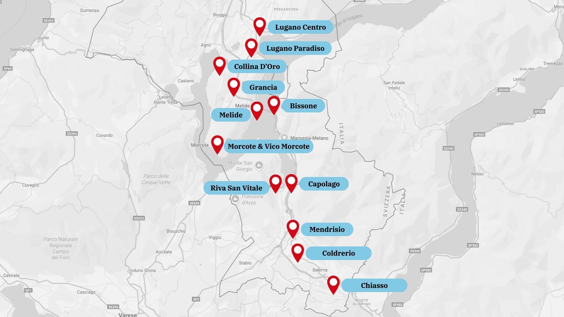Mappa con località intorno a Lugano